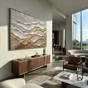 "Brushed Canyon Layer Relief" - Modern Heavy Impasto Topographic Abstract | White & Beige Palette Knife Painting | Luxury Horizontal Wall Art #Q 281