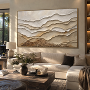 "Brushed Canyon Layer Relief" - Modern Heavy Impasto Topographic Abstract | White & Beige Palette Knife Painting | Luxury Horizontal Wall Art #Q 281