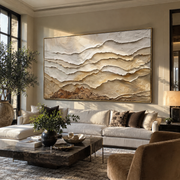 "Brushed Canyon Layer Relief" - Modern Heavy Impasto Topographic Abstract | White & Beige Palette Knife Painting | Luxury Horizontal Wall Art #Q 281