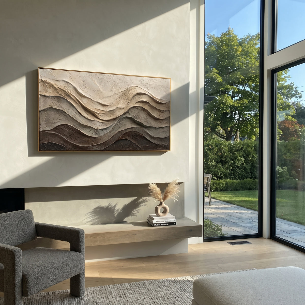 Swirled Stone Horizon Relief focuses on white, beige, grey sedimentary landscape layers with rugged plaster ledges, canyon-like strata, and tactile earth-toned ridges, keeping the product description tied to the visible artwork rather than a generic texture category. The composition is built from layered ridges, carved plaster edges, curved bands, granular breaks, and raised channels that move across the canvas with a clear directional rhythm. Pale passages, darker accents, warm neutral tones