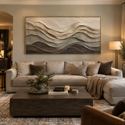 "Swirled Stone Horizon Relief" - Modern Heavy Impasto Topographic Abstract | White & Beige Palette Knife Painting | Luxury Horizontal Wall Art #Q 282