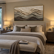 "Swirled Stone Horizon Relief" - Modern Heavy Impasto Topographic Abstract | White & Beige Palette Knife Painting | Luxury Horizontal Wall Art #Q 282