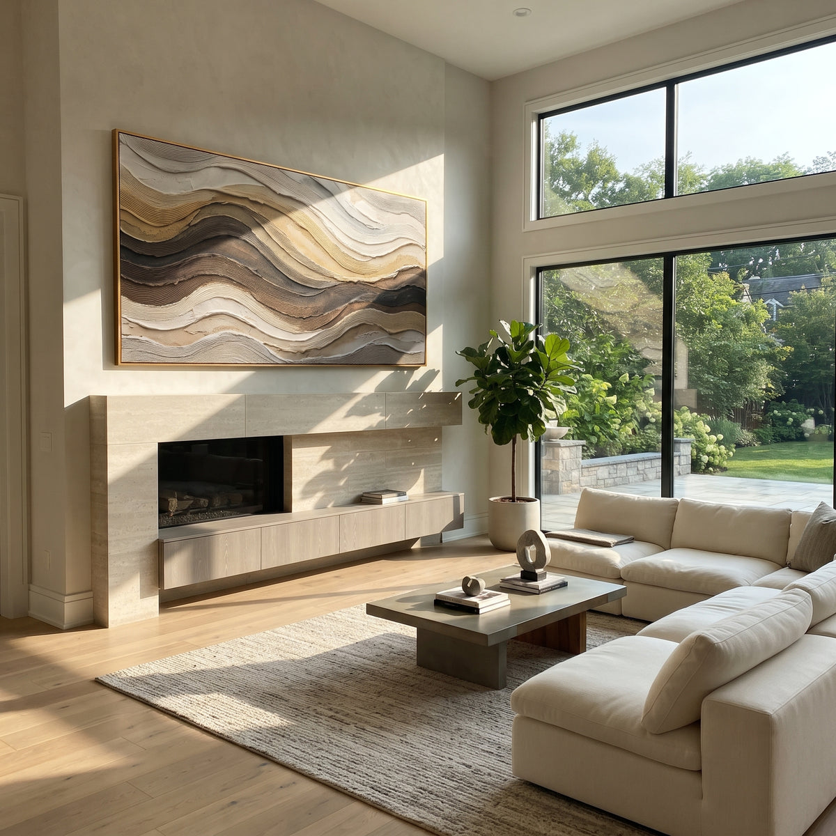 Earthtone Mountain Strata Relief focuses on white, beige, grey sedimentary landscape layers with rugged plaster ledges, canyon-like strata, and tactile earth-toned ridges, keeping the product description tied to the visible artwork rather than a generic texture category. The composition is built from layered ridges, carved plaster edges, curved bands, granular breaks, and raised channels that move across the canvas with a clear directional rhythm. Pale passages, darker accents, warm neutral