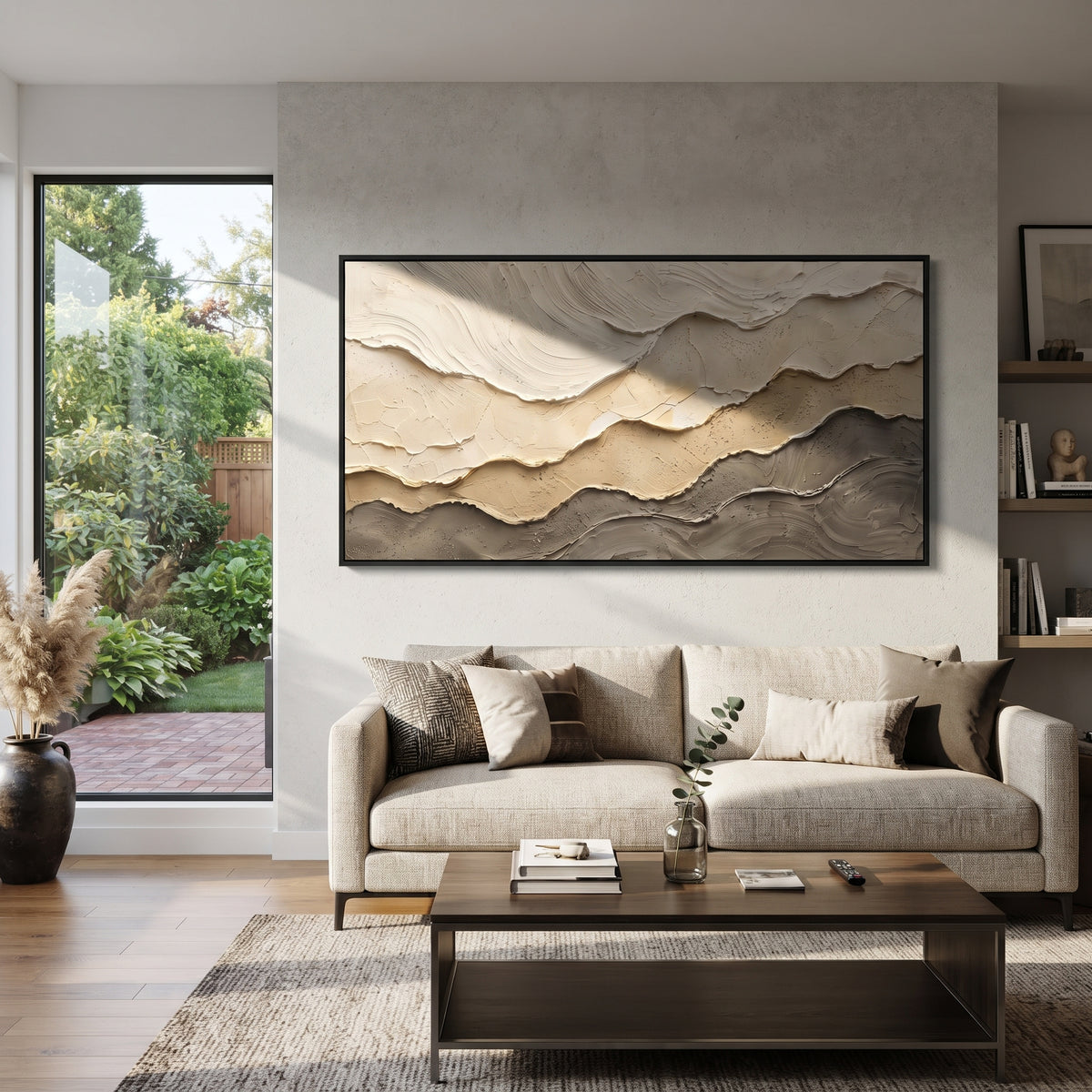 Dune Desert Fault Relief focuses on white, beige, gold sedimentary landscape layers with rugged plaster ledges, canyon-like strata, and tactile earth-toned ridges, keeping the product description tied to the visible artwork rather than a generic texture category. The composition is built from layered ridges, carved plaster edges, curved bands, granular breaks, and raised channels that move across the canvas with a clear directional rhythm. Pale passages, darker accents, warm neutral tones, and