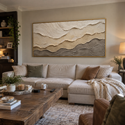 "Dune Desert Fault Relief" - Modern Heavy Impasto Topographic Abstract | White & Beige Palette Knife Painting | Luxury Horizontal Wall Art #Q 284