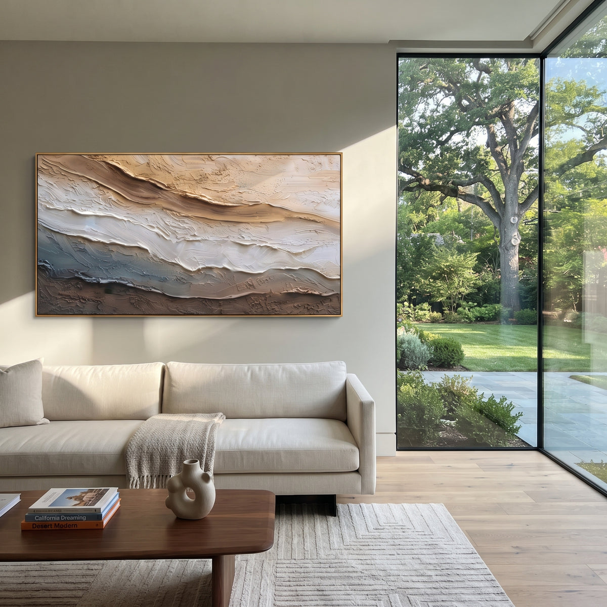 "Valley Riverbed Wall Relief" - Modern Heavy Impasto Landscape Artwork | White & Beige Palette Knife Painting | Luxury Horizontal Wall Art #Q 290