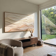 "Luminous Champagne River Relief" - Modern Heavy Impasto Landscape Artwork | White & Beige Palette Knife Painting | Luxury Horizontal Wall Art #Q 294