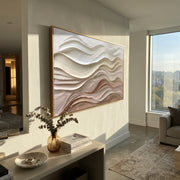 "Luminous Champagne River Relief" - Modern Heavy Impasto Landscape Artwork | White & Beige Palette Knife Painting | Luxury Horizontal Wall Art #Q 294