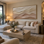 "Luminous Champagne River Relief" - Modern Heavy Impasto Landscape Artwork | White & Beige Palette Knife Painting | Luxury Horizontal Wall Art #Q 294