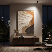 "Contour Golden Fault Relief" - Modern Heavy Impasto Topographic Abstract | Beige & White Palette Knife Painting | Luxury Vertical Wall Art #Q 295