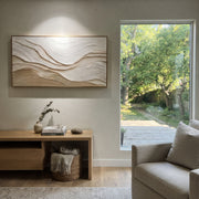 "Curved Gold Creek Relief" - Modern Heavy Impasto Abstract Artwork | White & Beige Palette Knife Painting | Luxury Horizontal Wall Art #Q 297