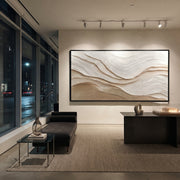 "Curved Gold Creek Relief" - Modern Heavy Impasto Abstract Artwork | White & Beige Palette Knife Painting | Luxury Horizontal Wall Art #Q 297