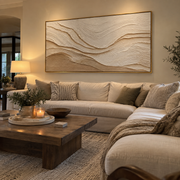 "Curved Gold Creek Relief" - Modern Heavy Impasto Abstract Artwork | White & Beige Palette Knife Painting | Luxury Horizontal Wall Art #Q 297
