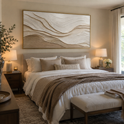 "Curved Gold Creek Relief" - Modern Heavy Impasto Abstract Artwork | White & Beige Palette Knife Painting | Luxury Horizontal Wall Art #Q 297
