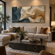 "Ribboned Gilded Wave Relief" - Modern Heavy Impasto Ocean Wave Seascape | White & Beige Palette Knife Painting | Luxury Horizontal Wall Art #Q 299