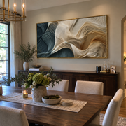 "Ribboned Gilded Wave Relief" - Modern Heavy Impasto Ocean Wave Seascape | White & Beige Palette Knife Painting | Luxury Horizontal Wall Art #Q 299