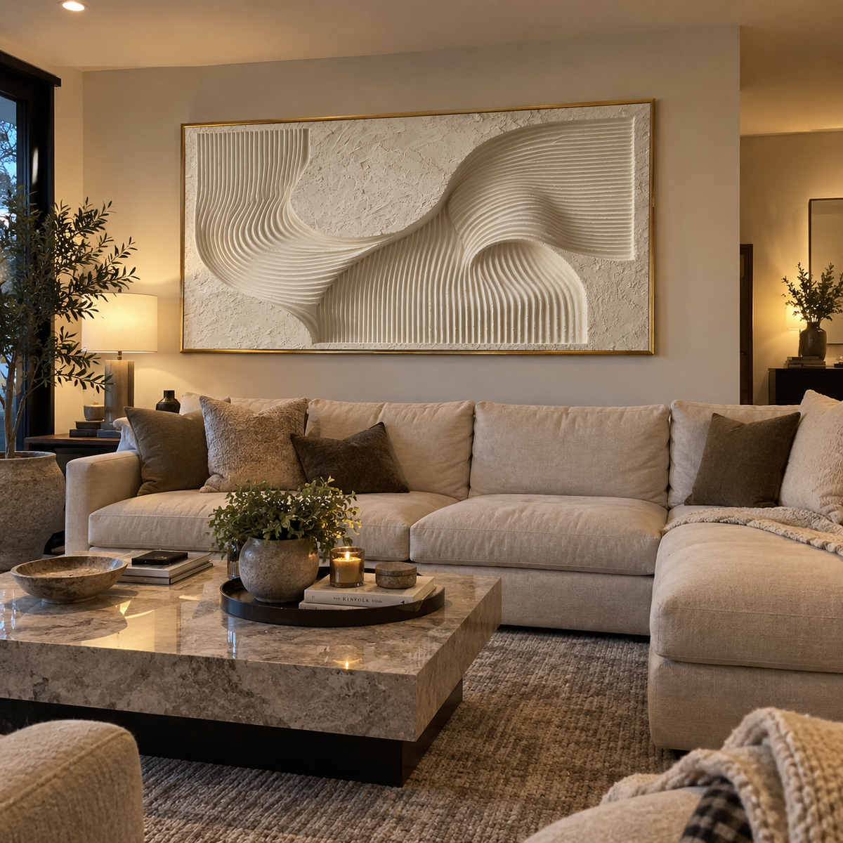 "Ivory Gold Foil Ridge Relief" - Modern Heavy Impasto Landscape Artwork | White & Beige Palette Knife Painting | Luxury Horizontal Wall Art #Q 300