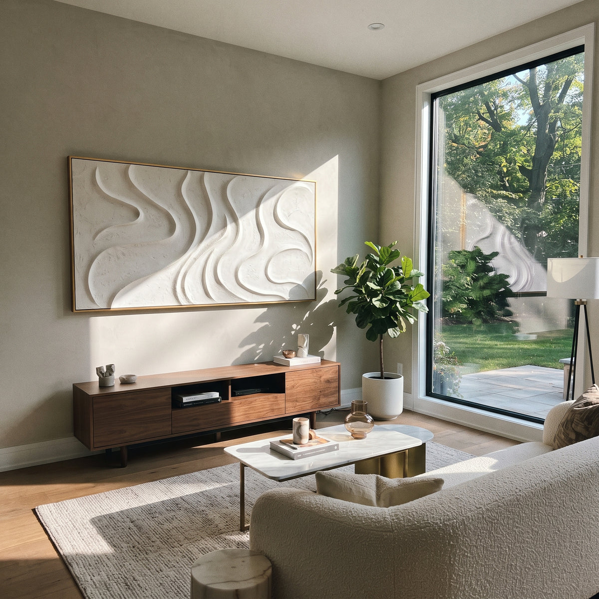 "Shell Bright Mineral Line Relief" - Modern Heavy Impasto Geometric Abstract | White & Beige Palette Knife Painting | Luxury Horizontal Wall Art #Q 301