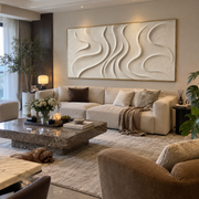 "Shell Bright Mineral Line Relief" - Modern Heavy Impasto Geometric Abstract | White & Beige Palette Knife Painting | Luxury Horizontal Wall Art #Q 301