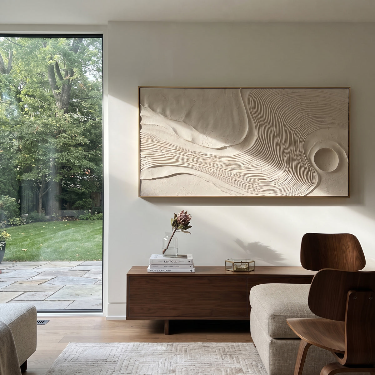 "Rippling Gold Leaf Channel Relief" - Modern Heavy Impasto Botanical Tree Artwork | White & Beige Palette Knife Painting | Luxury Horizontal Wall Art #Q 303