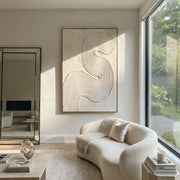 "Fanned Gold Vein Relief" - Modern Heavy Impasto Abstract Artwork | White & Beige Palette Knife Painting | Luxury Vertical Wall Art #Q 304