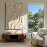 "Terraced Gilded Current Relief" - Modern Heavy Impasto Abstract Artwork | Beige & White Palette Knife Painting | Luxury Vertical Wall Art #Q 305