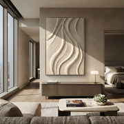 "Terraced Gilded Current Relief" - Modern Heavy Impasto Abstract Artwork | Beige & White Palette Knife Painting | Luxury Vertical Wall Art #Q 305