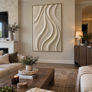 "Terraced Gilded Current Relief" - Modern Heavy Impasto Abstract Artwork | Beige & White Palette Knife Painting | Luxury Vertical Wall Art #Q 305