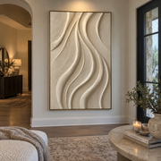 "Terraced Gilded Current Relief" - Modern Heavy Impasto Abstract Artwork | Beige & White Palette Knife Painting | Luxury Vertical Wall Art #Q 305