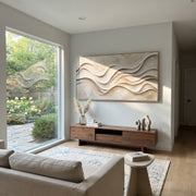 "Gilded Champagne River Relief" - Modern Heavy Impasto Landscape Artwork | Beige & White Palette Knife Painting | Luxury Horizontal Wall Art #Q 306