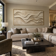 "Gilded Champagne River Relief" - Modern Heavy Impasto Landscape Artwork | Beige & White Palette Knife Painting | Luxury Horizontal Wall Art #Q 306