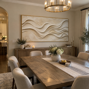 "Gilded Champagne River Relief" - Modern Heavy Impasto Landscape Artwork | Beige & White Palette Knife Painting | Luxury Horizontal Wall Art #Q 306