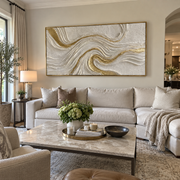 "Ridge Golden Fault Relief" - Modern Heavy Impasto Landscape Artwork | White & Beige Palette Knife Painting | Luxury Horizontal Wall Art #Q 307