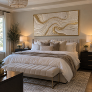 "Ridge Golden Fault Relief" - Modern Heavy Impasto Landscape Artwork | White & Beige Palette Knife Painting | Luxury Horizontal Wall Art #Q 307