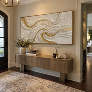 "Ridge Golden Fault Relief" - Modern Heavy Impasto Landscape Artwork | White & Beige Palette Knife Painting | Luxury Horizontal Wall Art #Q 307