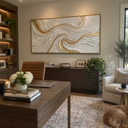"Ridge Golden Fault Relief" - Modern Heavy Impasto Landscape Artwork | White & Beige Palette Knife Painting | Luxury Horizontal Wall Art #Q 307