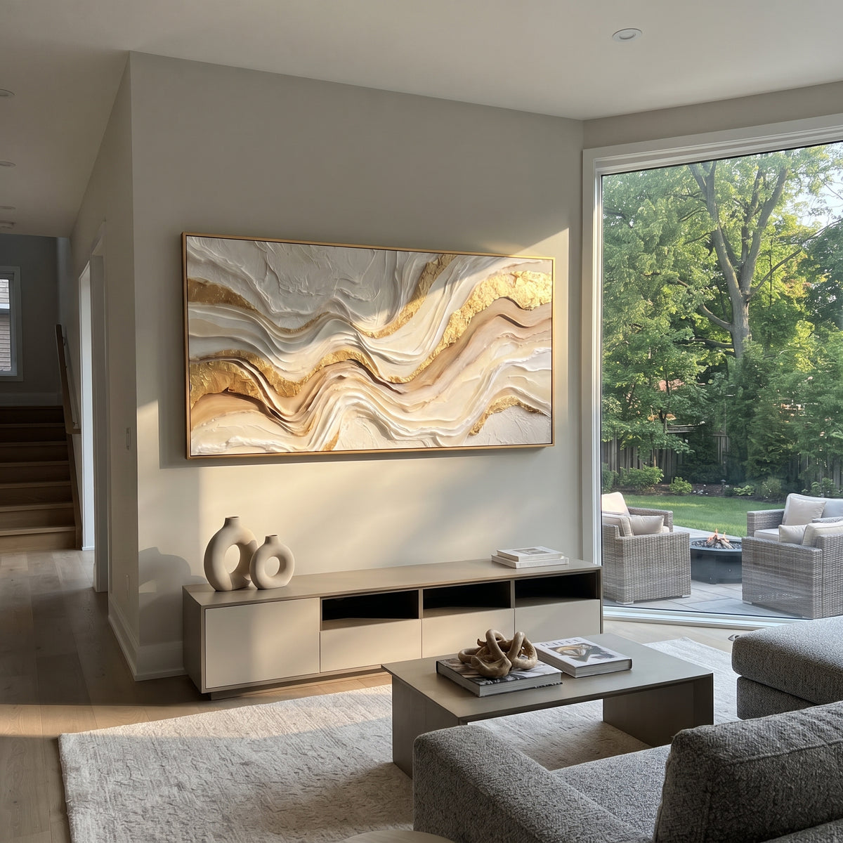 Raised Metallic Ribbon Relief focuses on white, beige, grey ivory plaster relief with metallic gold veins, gilded channels, and flowing raised palette-knife movement, keeping the product description tied to the visible artwork rather than a generic texture category. The composition is built from layered ridges, carved plaster edges, curved bands, granular breaks, and raised channels that move across the canvas with a clear directional rhythm. Pale passages, darker accents, warm neutral tones