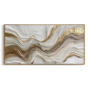 "Raised Metallic Ribbon Relief" - Modern Heavy Impasto Abstract Artwork | White & Beige Palette Knife Painting | Luxury Horizontal Wall Art #Q 308