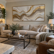 "Raised Metallic Ribbon Relief" - Modern Heavy Impasto Abstract Artwork | White & Beige Palette Knife Painting | Luxury Horizontal Wall Art #Q 308