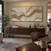 "Raised Metallic Ribbon Relief" - Modern Heavy Impasto Abstract Artwork | White & Beige Palette Knife Painting | Luxury Horizontal Wall Art #Q 308