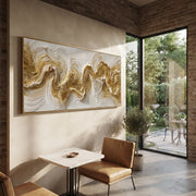 "Winding Gold Creek Relief" - Modern Heavy Impasto Abstract Artwork | White & Beige Palette Knife Painting | Luxury Horizontal Wall Art #Q 309