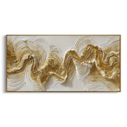 "Winding Gold Creek Relief" - Modern Heavy Impasto Abstract Artwork | White & Beige Palette Knife Painting | Luxury Horizontal Wall Art #Q 309