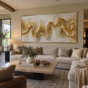 "Winding Gold Creek Relief" - Modern Heavy Impasto Abstract Artwork | White & Beige Palette Knife Painting | Luxury Horizontal Wall Art #Q 309