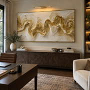 "Winding Gold Creek Relief" - Modern Heavy Impasto Abstract Artwork | White & Beige Palette Knife Painting | Luxury Horizontal Wall Art #Q 309