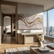 "Undulating Luminous Vein Relief" - Modern Heavy Impasto Abstract Artwork | White & Beige Palette Knife Painting | Luxury Horizontal Wall Art #Q 310