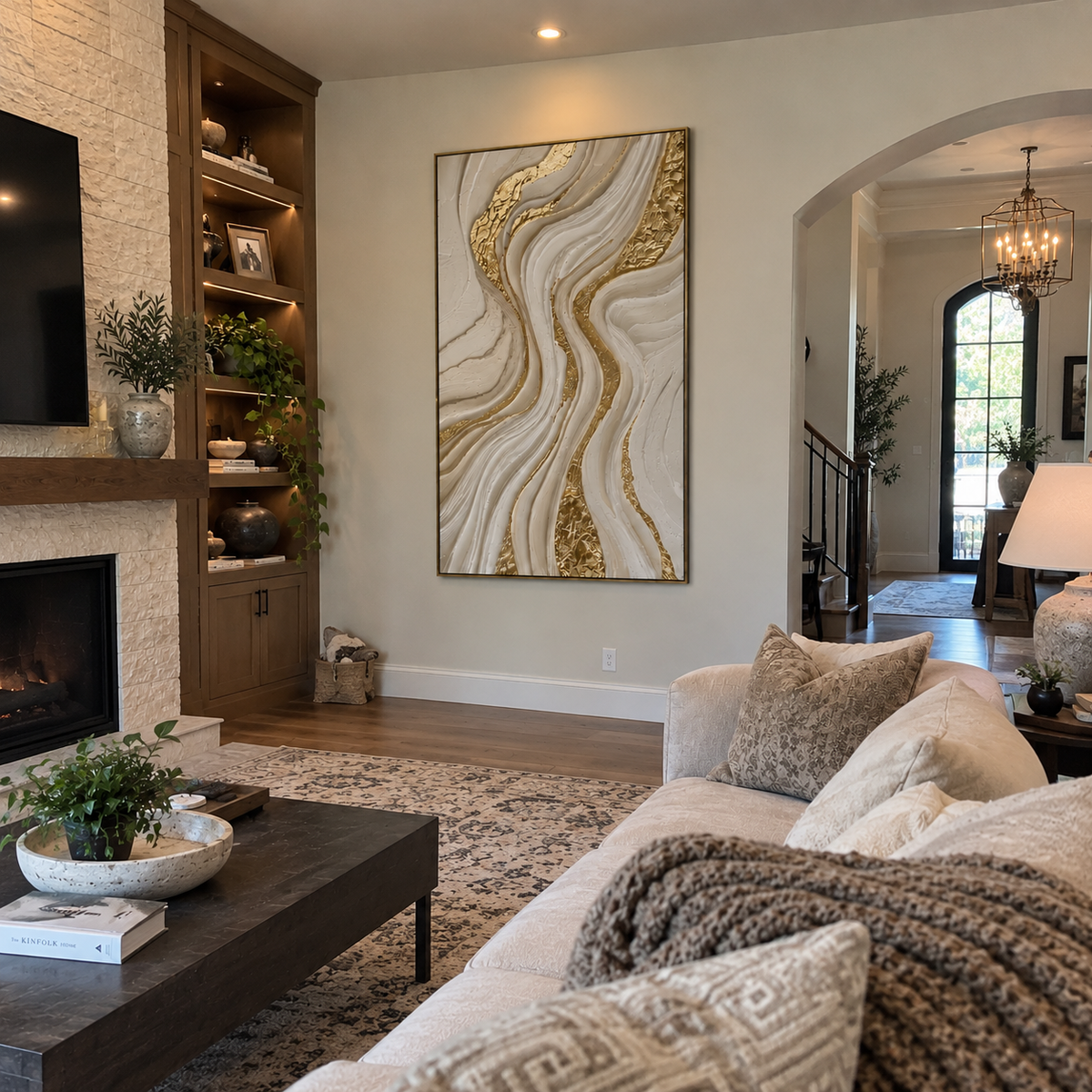 "Feathered Gilded Wave Relief" - Modern Heavy Impasto Ocean Wave Seascape | White & Beige Palette Knife Painting | Luxury Vertical Wall Art #Q 311