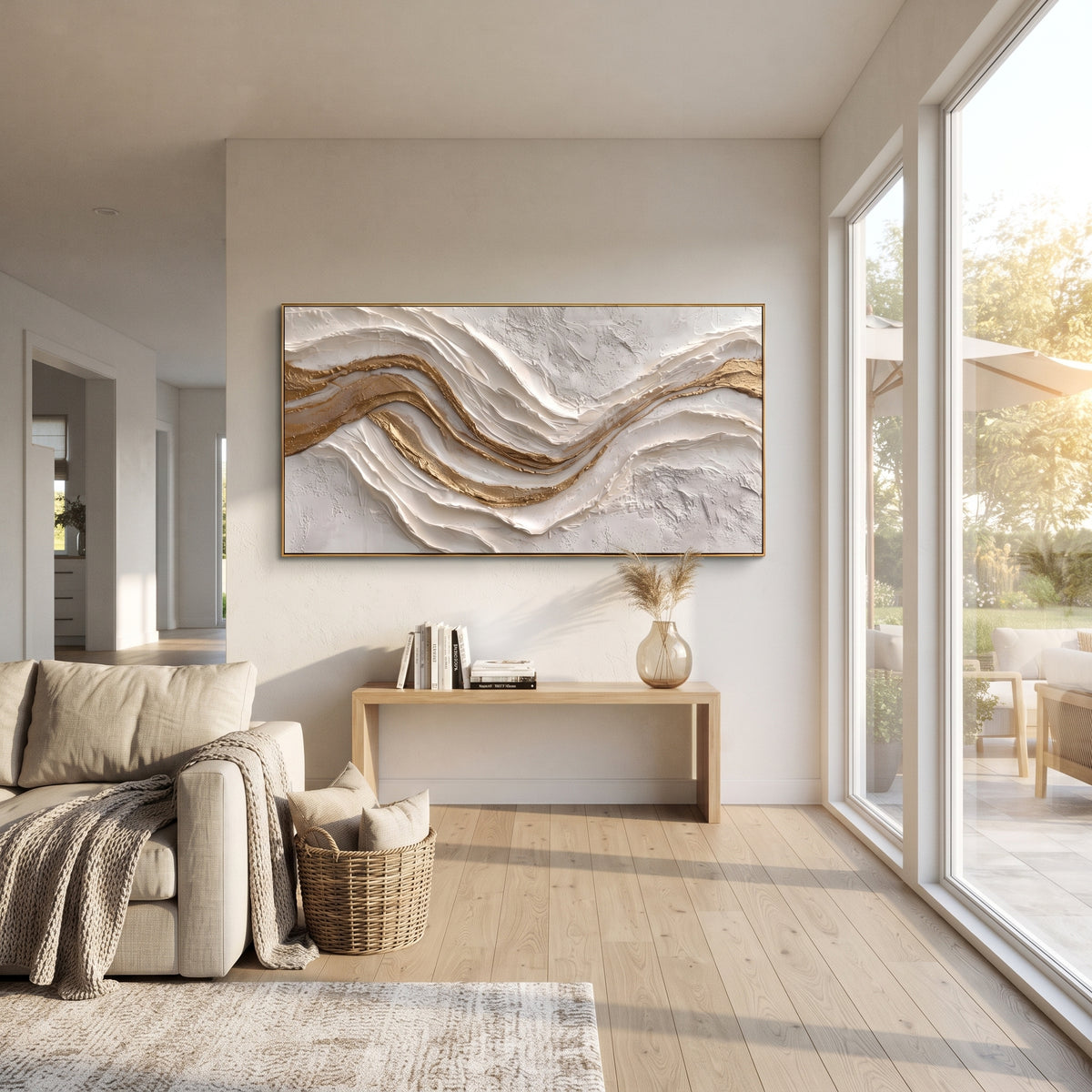 "Marbled Gold Foil Ridge Relief" - Modern Heavy Impasto Landscape Artwork | White & Beige Palette Knife Painting | Luxury Horizontal Wall Art #Q 312