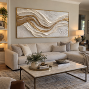 "Marbled Gold Foil Ridge Relief" - Modern Heavy Impasto Landscape Artwork | White & Beige Palette Knife Painting | Luxury Horizontal Wall Art #Q 312