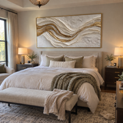 "Marbled Gold Foil Ridge Relief" - Modern Heavy Impasto Landscape Artwork | White & Beige Palette Knife Painting | Luxury Horizontal Wall Art #Q 312