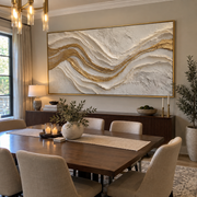 "Marbled Gold Foil Ridge Relief" - Modern Heavy Impasto Landscape Artwork | White & Beige Palette Knife Painting | Luxury Horizontal Wall Art #Q 312
